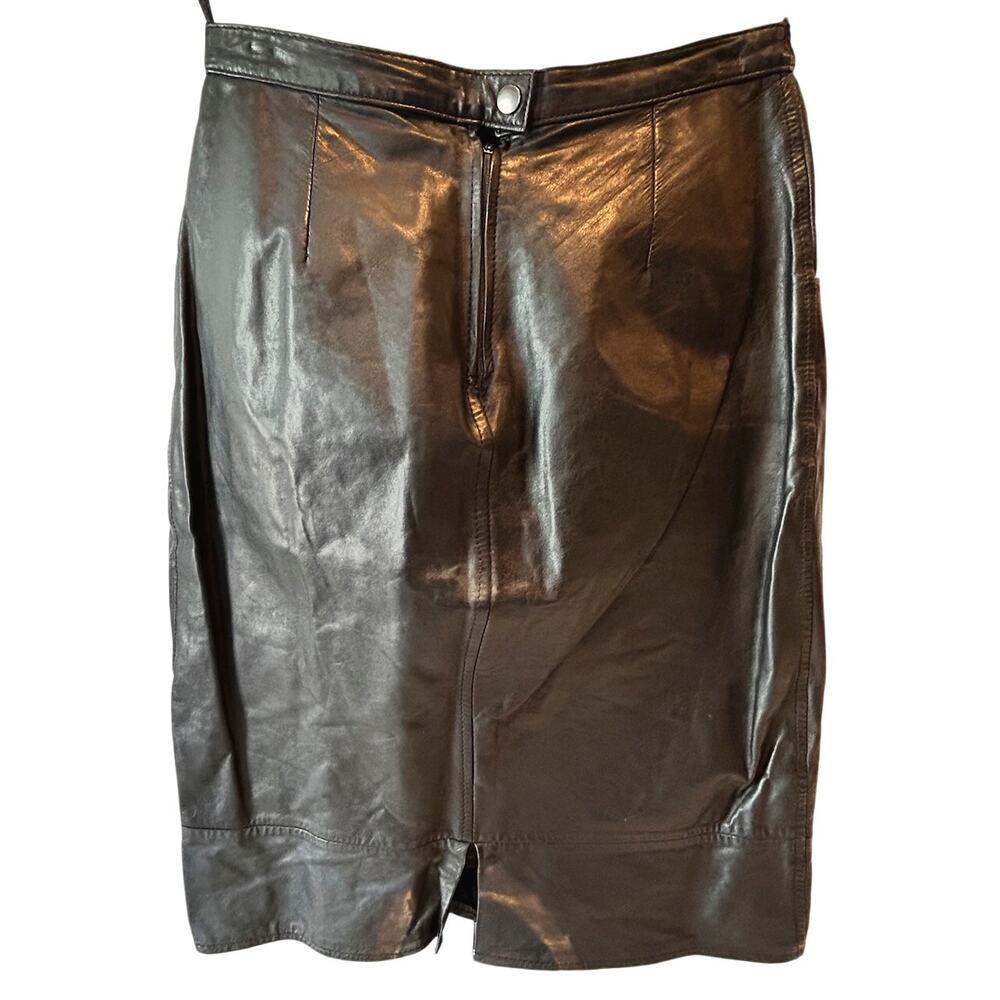 80s Vintage Genuine Black Leather Sexy Vixen knee Length Skirt Size 8 - Picture 2 of 9